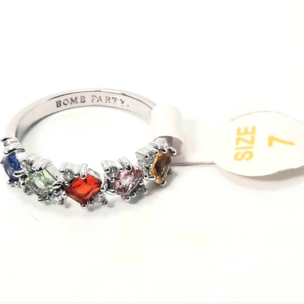 Bomb Party Multi-color Faceted Stones Rhodium Plate Band Ring Size 7 Tag /No Bag